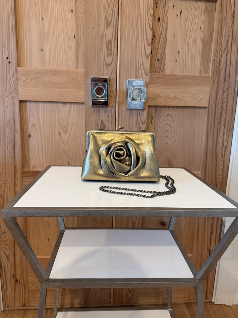 Patricia Nash Gold Metallic Floral Clutch w/ Chain Strap